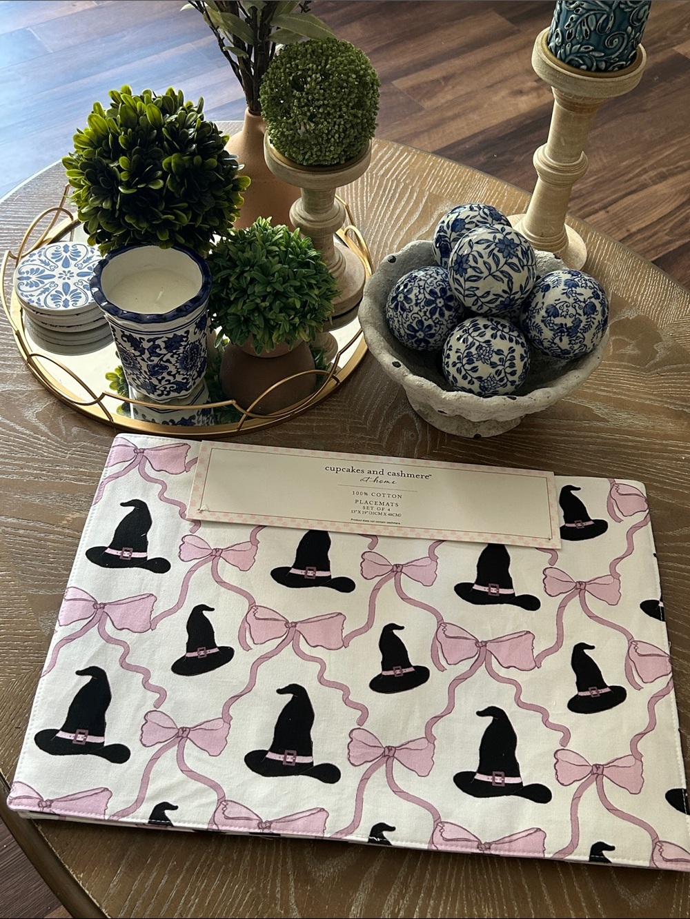 NEW! Set/4 Gothic Pink Coquette Bow & Black Witch Hat Halloween Placemat Set